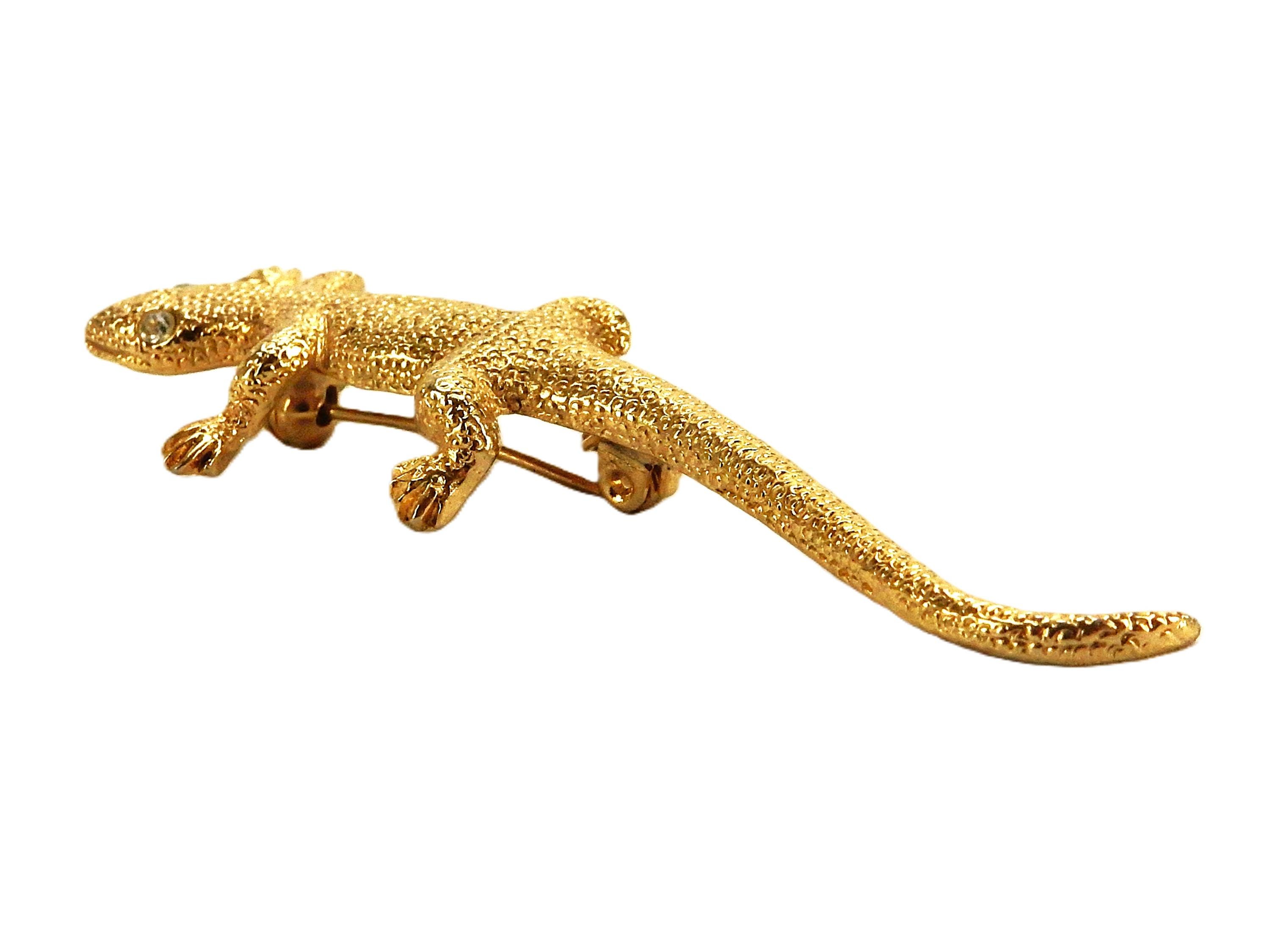 ゴールドトーンのトカゲピン、宝石の目、ヴィンテージファッション