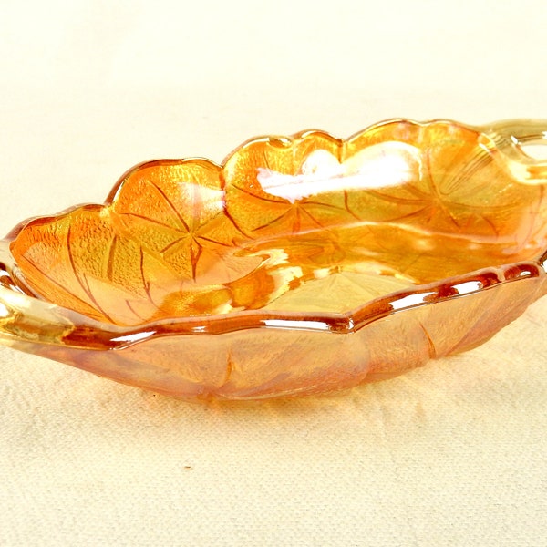 Indiana Marigold Carnival Glass Celery Dish, Lily Pons Sunflower Pattern, 1950s