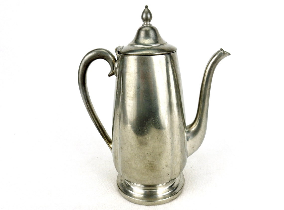 Crescent Pewter Tea Pot Footed Base Open Handle Hinged Lid Etsy