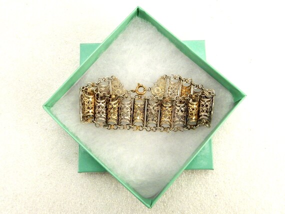 Silver & Gold Tone Bracelet, Filigree Half-Cylind… - image 2