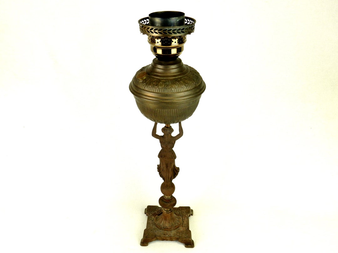 Art Nouveau Vintage Statue Lamp, No Chimney, Woman Holding Tank