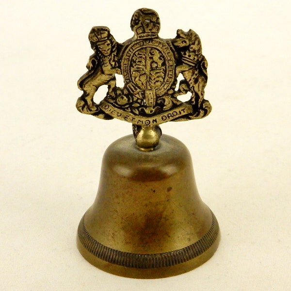 Vintage Brass Hand Bell, British Royal Coat of Arms, "Dieu Et Mon Droit"