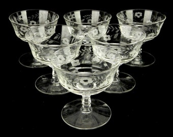 Set of 6 Rock Sharpe/Libbey Sherbet Glasses, Etched Floral Pattern, 3 1/2"