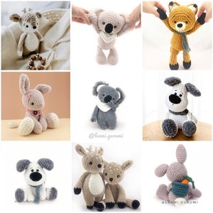 Puede incluir: Una colección de animales de peluche hechos a mano con ganchillo, que incluyen un ciervo, un koala, un zorro, un conejito, un perro y otro ciervo. Los animales son de diferentes colores y tienen características únicas, como una bufanda, una zanahoria y una flor.