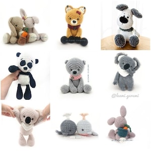 Puede incluir: Una colección de nueve animales de peluche tejidos a crochet, incluyendo un zorro, un panda, un oso, un koala, una ballena y un conejito. Los animales están todos sentados o de pie sobre un fondo blanco. Los animales están todos hechos con diferentes colores de hilo, incluyendo marrón, negro, blanco, gris y rosa.