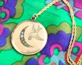Large Bird Locket Necklace - Moon Locket - Crescent Locket - Engraved Locket - 1900s Locket - Gold Filled Locket - Wedding Locket