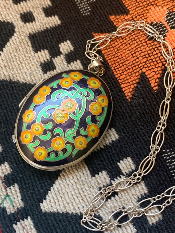 Enamel Flower Locket - Chinese Locket - Sterling S