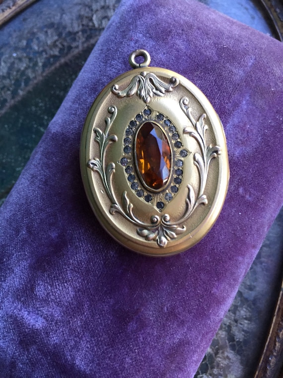 Large Antique Citrine Glass Locket Necklace - Art