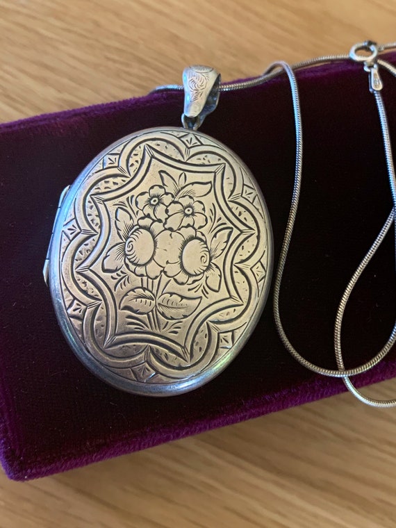 Large Engraved Flower Locket Necklace - Sterling S