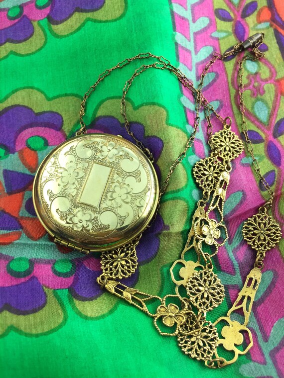 Engraved Flower Locket Necklace - Filigree Chain -