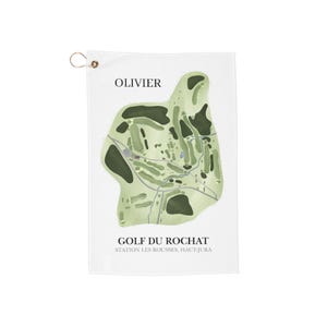 Serviette de golf personnalisée Golf du Rochat, serviette de golfeur personnalisée parcours de golf du Rochat, cadeau personnalisé pour golfeur, cadeau d'anniversaire, carte du parcours de golf