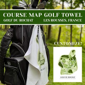 Serviette de golf personnalisée Golf du Rochat, serviette de golfeur personnalisée parcours de golf du Rochat, cadeau personnalisé pour golfeur, cadeau d'anniversaire, carte du parcours de golf