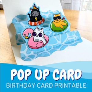 Joli modèle numérique de carte d'anniversaire pop-up, bricolage été piscine party carte d'anniversaire à télécharger, imprimable Pop Up numérique téléchargement carte parc aquatique