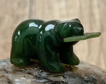 BC Jade Bear with Jade Fish, Jade Polar Bear Figurines, Gemstone Bear, Bear sculptures, Gemstone healing stones, protective healing stone