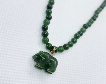 Grizzly Bear Pendant on Jade Bead Choker Necklace, Jade Necklace, Grizzly Bear, Jade, Bc Jade, Nephrite