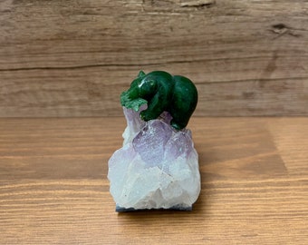 Canadian Nephrite Jade Grizzly Bear with Fish on Amethyst