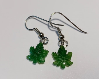 Canadian Nephrite Jade Maple Leaf Dangling Earrings