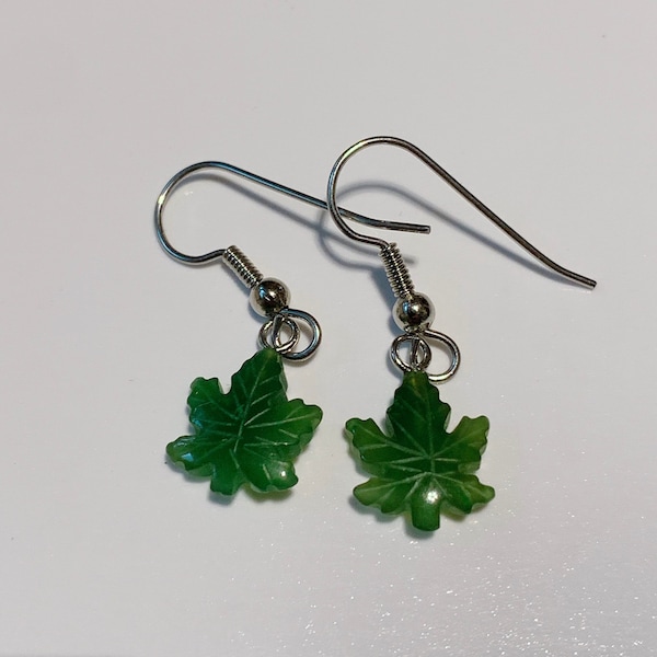 Canadian Nephrite Jade Maple Leaf Dangling Earrings