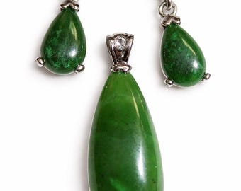 Canadian Nephrite Jade Teardrop Jewelry Set, Rhinestone Accents