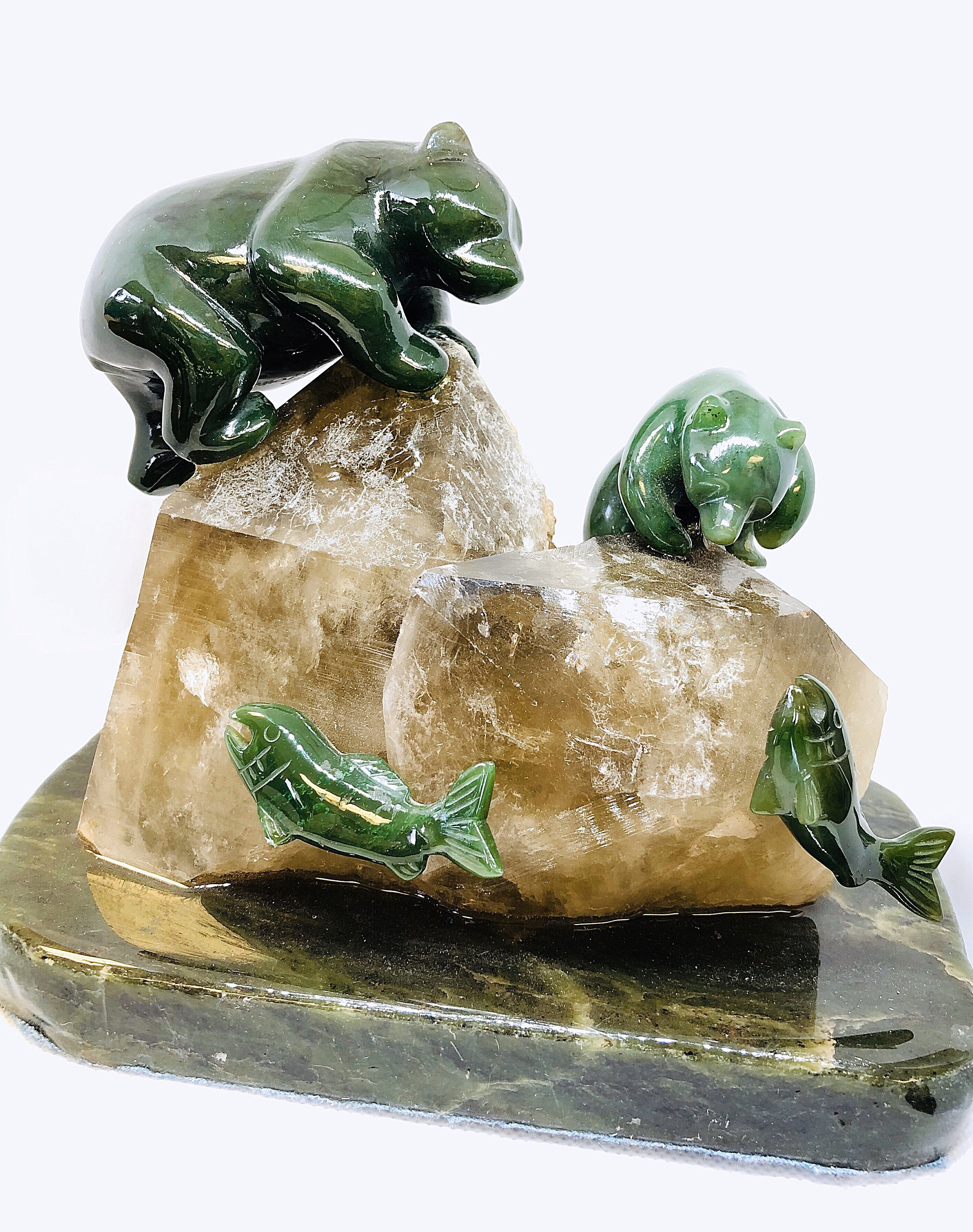 Natural BC Jade Bear Carving on Smokey Quartz and Jade Base Etsy