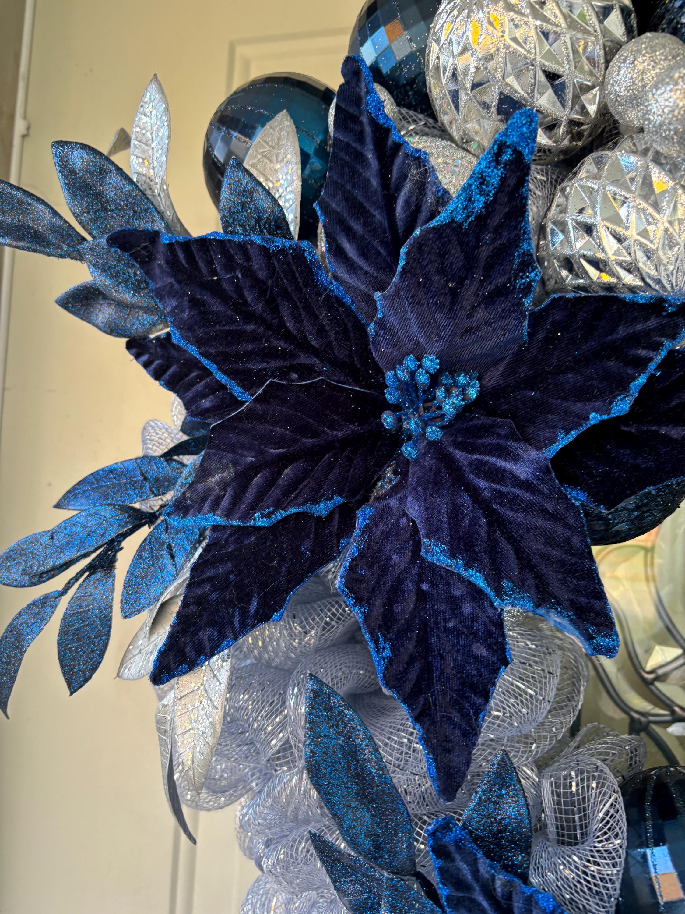 Front Door Blue Poinsettia Wreath Christmas Blue Poinsettia Wreath Blue ...