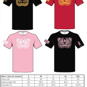 May include: A size chart for men's t-shirts with measurements in inches. The chart shows the measurements for chest, body length, shoulder, upper sleeve, armhole, sleeve opening, and lower sleeve for sizes S, M, L, XL, and 2XL.