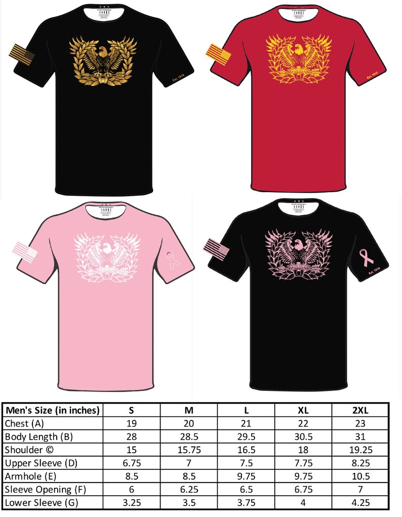 May include: A size chart for men's t-shirts with measurements in inches. The chart shows the measurements for chest, body length, shoulder, upper sleeve, armhole, sleeve opening, and lower sleeve for sizes S, M, L, XL, and 2XL.
