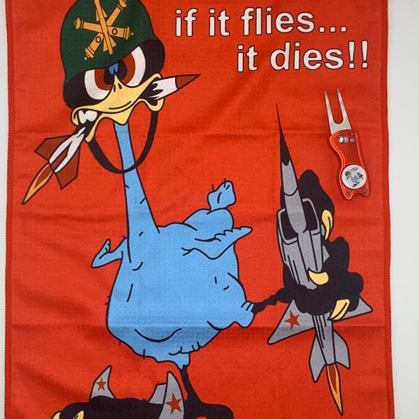 OOzlefinch Red Golf Towel and Divot Tool with OOzlefinch Ball Marker Air Defense Artillery