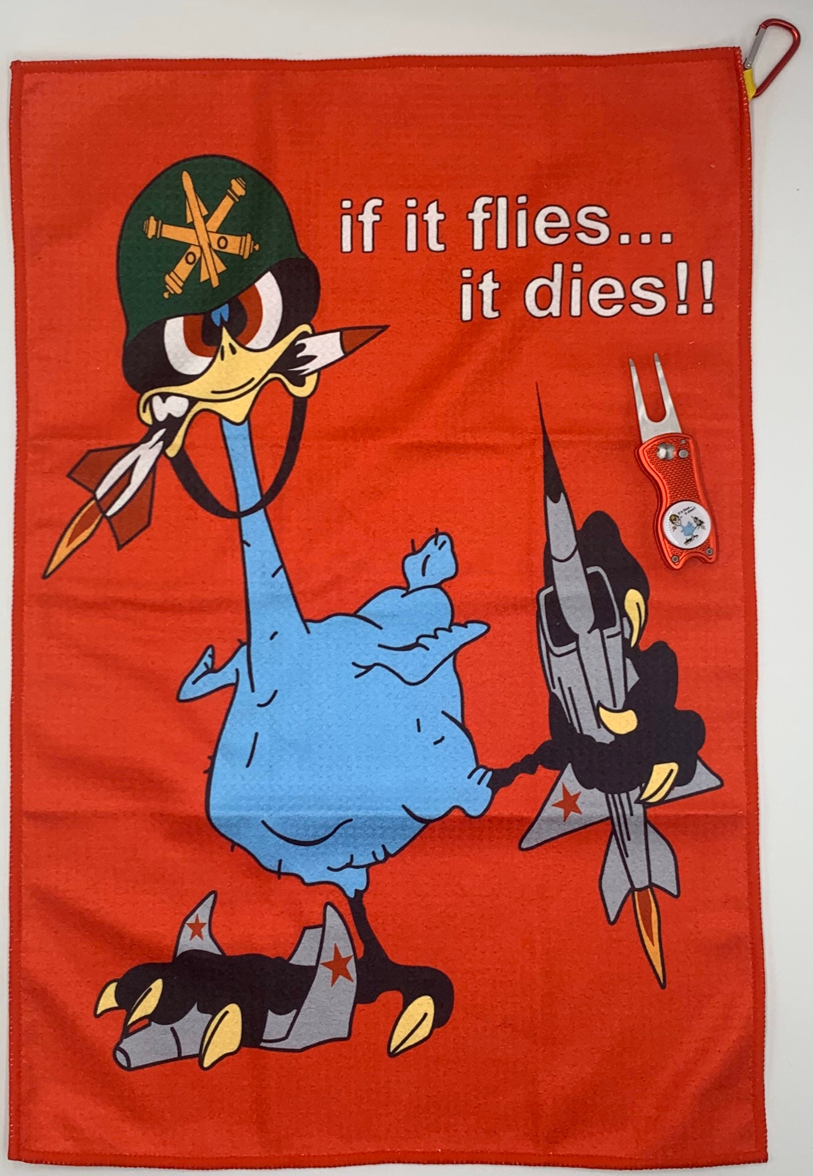 Oozlefinch Red Golf Towel and Divot Tool With Oozlefinch Ball