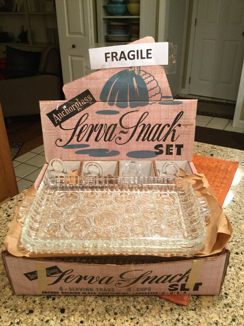 Anchor Hocking Glass Co. Serva Snack Set 7 Plates and 4 Cups Etsy