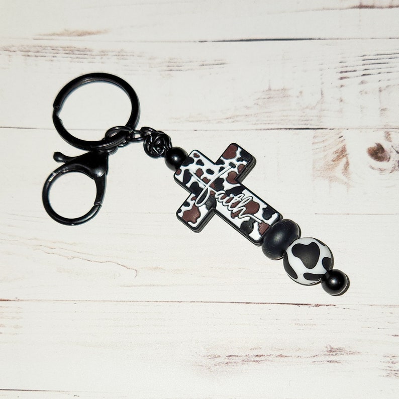 Western Gift For Her, Cow Print, Cross Keychain, Faith Cross, Faith Based Keychain, Farm Girl, Beaded Keychain, Silicone, Christian Gift image 3