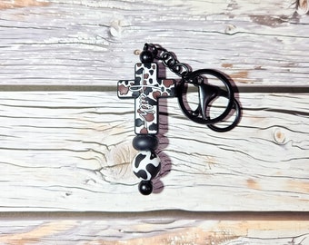 Western Gift For Her, Cow Print, Cross Keychain, Faith Cross, Faith Based Keychain, Farm Girl, Beaded Keychain, Silicone, Christian Gift