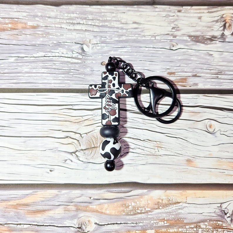 Western Gift For Her, Cow Print, Cross Keychain, Faith Cross, Faith Based Keychain, Farm Girl, Beaded Keychain, Silicone, Christian Gift image 1