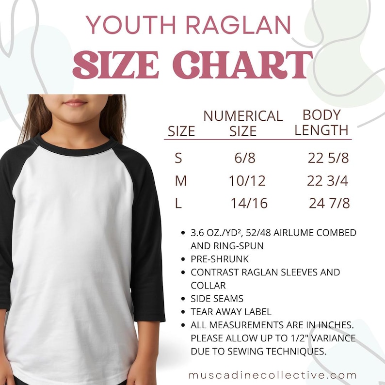 May include: A youth raglan size chart with a black and white raglan shirt. The chart includes sizes S, M, and L, with corresponding numerical sizes and body lengths in inches. The shirt features contrast raglan sleeves and collar.