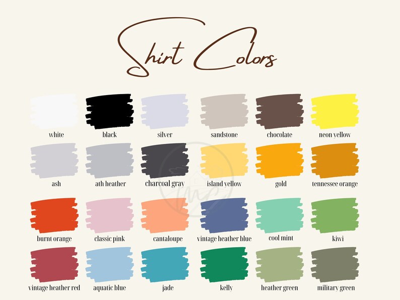 K&ouml;nnte beinhalten: Eine Farbkarte mit der Aufschrift "Shirt Colors" zeigt eine Vielzahl von Hemdfarben. Zu den Farben geh&ouml;ren Wei&szlig;, Schwarz, Silber, Sandstein, Schokolade, Neongelb, Aschgrau, Ath-Heather, Anthrazit, Inselgelb, Gold und Tennessee-Orange.