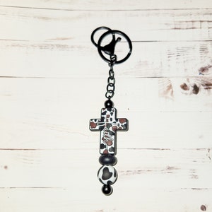 Western Gift For Her, Cow Print, Cross Keychain, Faith Cross, Faith Based Keychain, Farm Girl, Beaded Keychain, Silicone, Christian Gift image 4