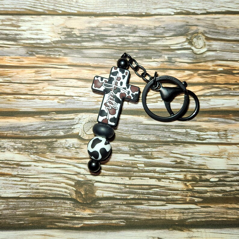 Western Gift For Her, Cow Print, Cross Keychain, Faith Cross, Faith Based Keychain, Farm Girl, Beaded Keychain, Silicone, Christian Gift image 2