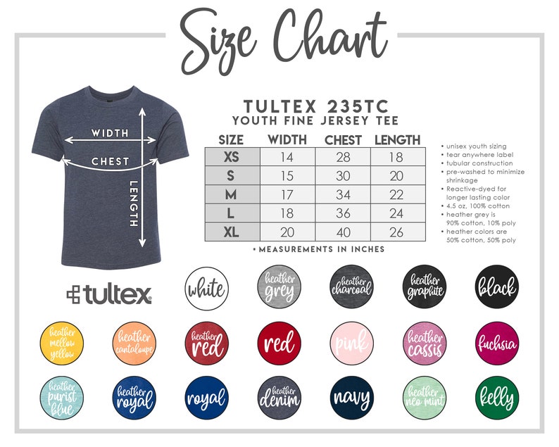 May include: Size chart for a Tultex 235TC youth fine jersey tee. The chart shows measurements in inches for sizes XS to XL, including width, chest, and length. Color options are displayed in circles, including white, black, and various heather shades.