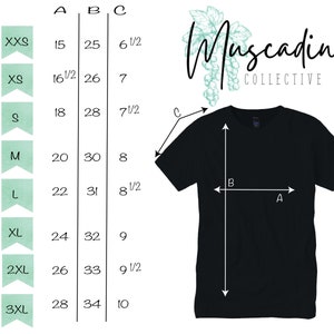 May include: Black t-shirt with size and measurement details. The image includes a size chart with measurements in inches for sizes XXS to 3XL. The brand name "Muscadine Collective" is displayed in script font.