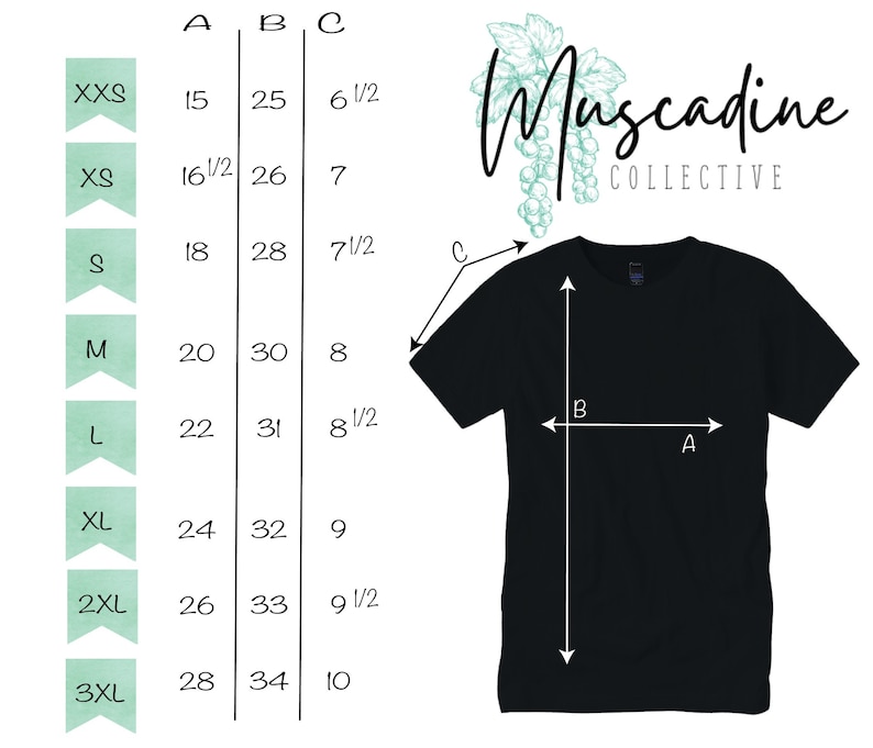 May include: Black t-shirt with size and measurement details. The image includes a size chart with measurements in inches for sizes XXS to 3XL. The brand name "Muscadine Collective" is displayed in script font.