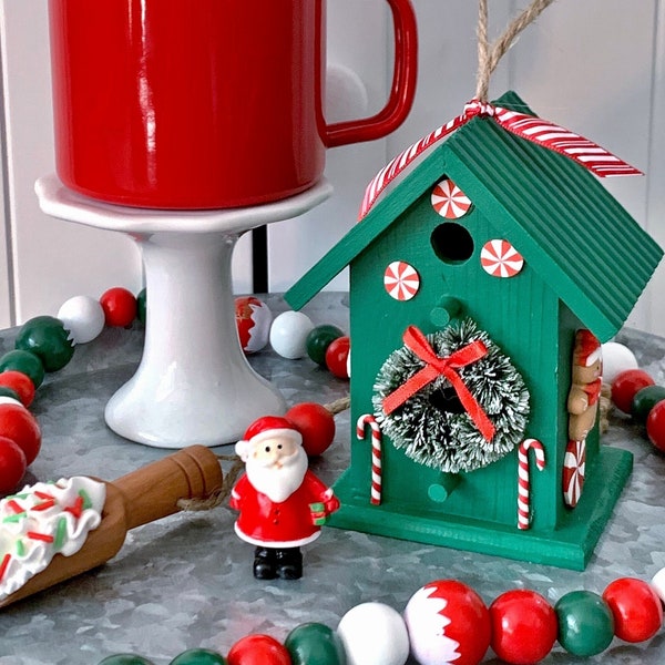 Mini Christmas Birdhouse, Santa Tier Tray, Elf Tier Tray, Christmas Bird Decor, Reindeer House, Peppermint Holiday Centerpiece