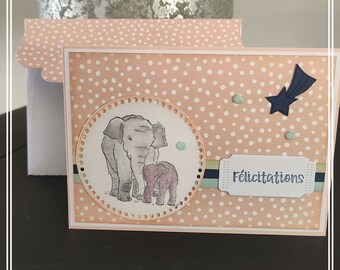 Carte naissance "félicitations" motif éléphants