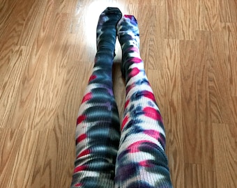 BLACK PINK + PURPLE  /  One Size Fits Most (Small - Plus), Tie Dye Thigh High Socks