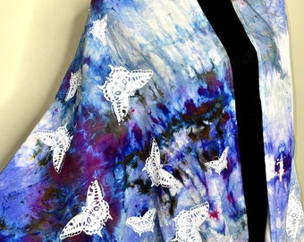 Purple Butterfly Rave Pashmina, Tie Dye Pashmina Shawl for Festivals. Rave Accessories for Rave Outfits.