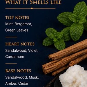 May include: An image with text that reads "WHAT IT SMELLS LIKE". The image shows fresh mint leaves, wooden sticks, and a small pile of white granules. The text lists top notes of mint, bergamot, and green leaves, heart notes of sandalwood, violet, and cardamom, and base notes of sandalwood, musk, amber, and cedar.