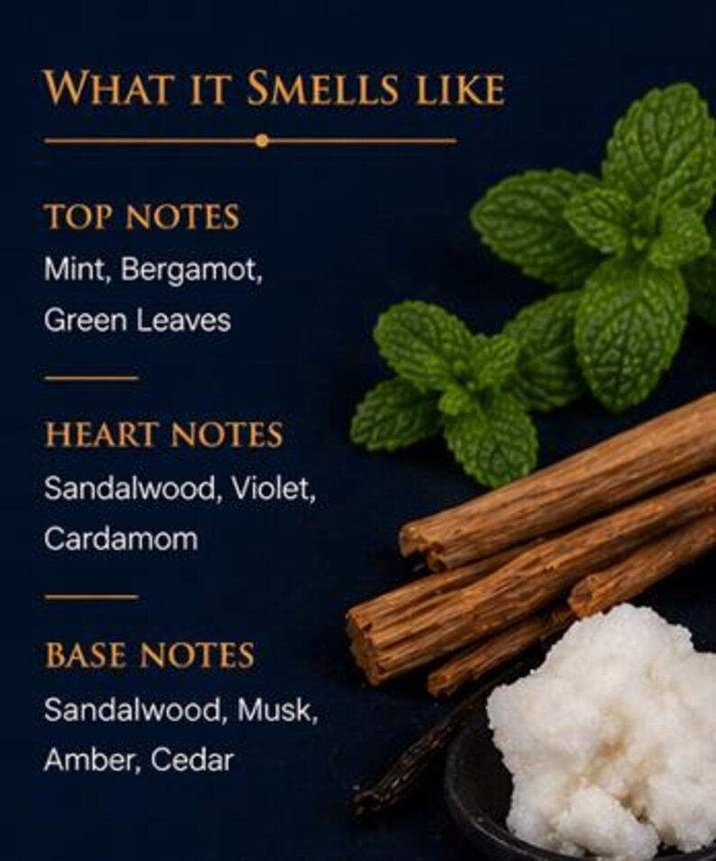 May include: An image with text that reads "WHAT IT SMELLS LIKE". The image shows fresh mint leaves, wooden sticks, and a small pile of white granules. The text lists top notes of mint, bergamot, and green leaves, heart notes of sandalwood, violet, and cardamom, and base notes of sandalwood, musk, amber, and cedar.
