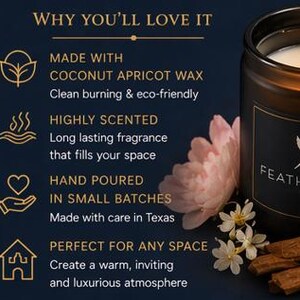 May include: A black candle in a glass jar with a lit wick, next to a pink flower and cinnamon sticks. The candle has a label with a bird logo and the word "FEATHER". The text "WHY YOU'LL LOVE IT" is at the top.