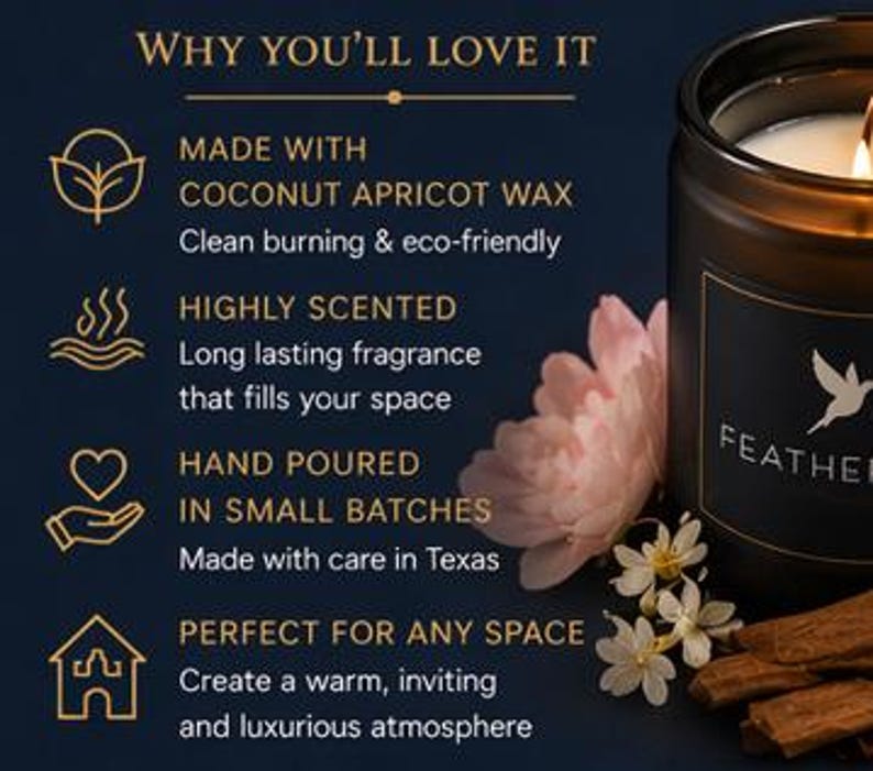 May include: A black candle in a glass jar with a lit wick, next to a pink flower and cinnamon sticks. The candle has a label with a bird logo and the word "FEATHER". The text "WHY YOU'LL LOVE IT" is at the top.