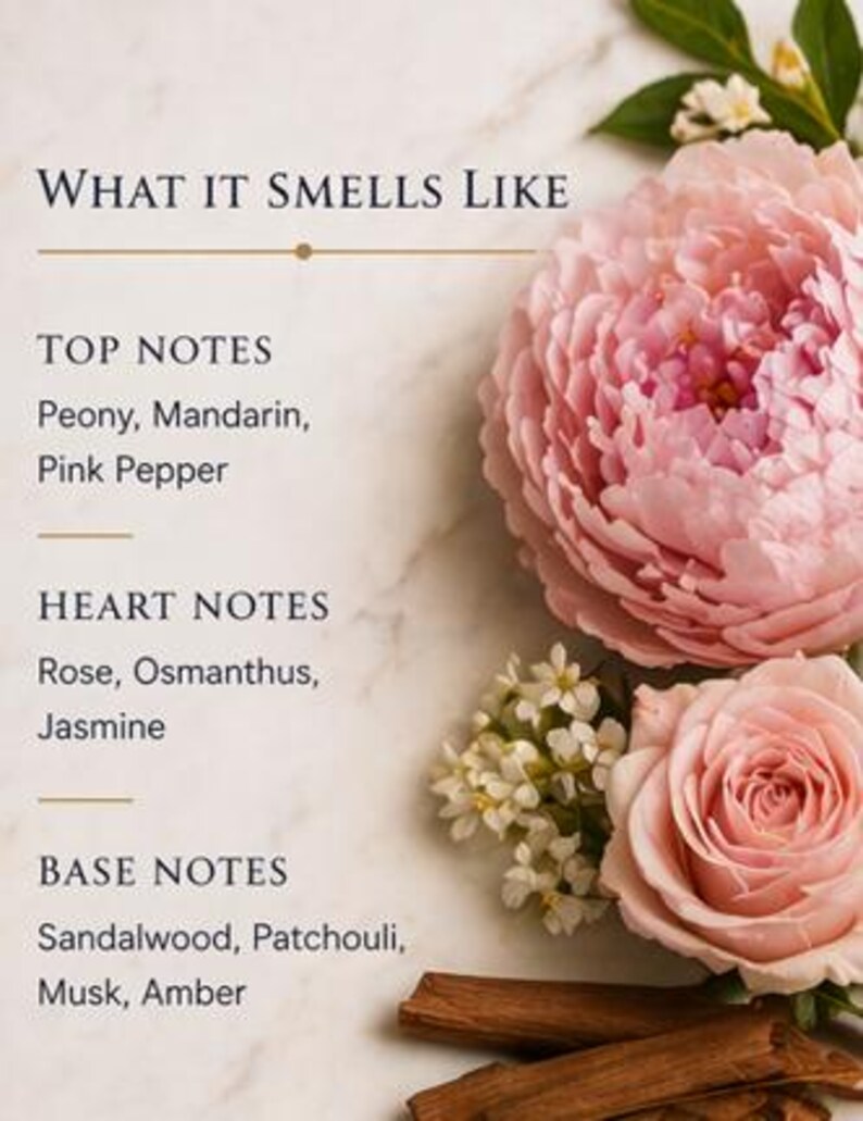 May include: A floral fragrance description with the text "WHAT IT SMELLS LIKE." Top notes include peony, mandarin, and pink pepper. Heart notes are rose, osmanthus, and jasmine. Base notes are sandalwood, patchouli, musk, and amber. Pink peony and rose flowers are also shown.