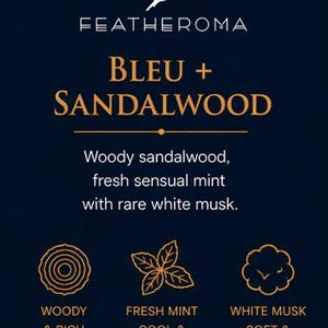 May include: Dark blue graphic with the text "FEATHEROMA BLEU + SANDALWOOD". The text describes the scent as woody sandalwood, fresh sensual mint, and rare white musk. The image includes icons and descriptions of the scent's notes.